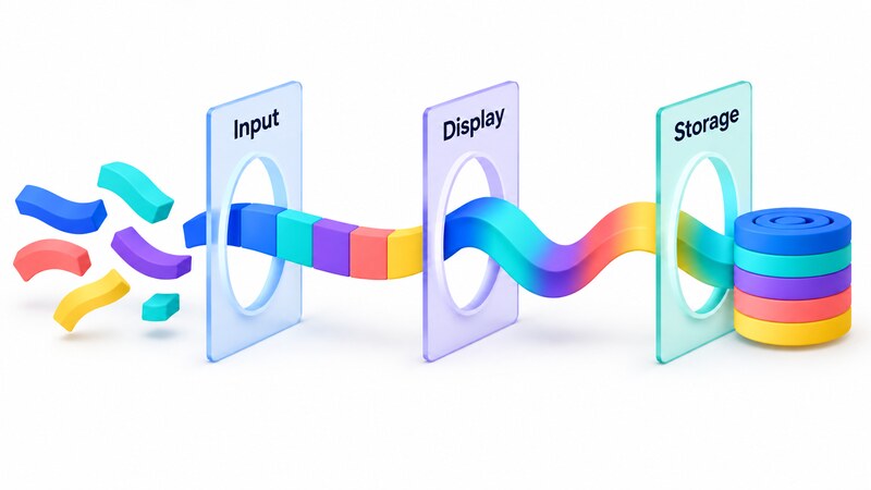 A flow through three separate contracts labeled Input, Display, and Storage