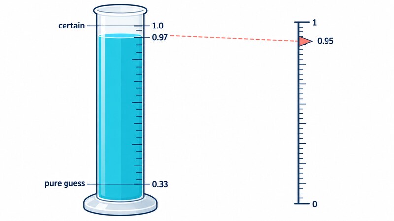 A measuring-cylinder style gauge whose bottom mark is a 'pure guess' at 0.33 and whose top mark is 'certain' at 1.0, filled to 0.97, with a second scale beside it reading 0.95 as the stretched confidence value between its ends labeled 0 and 1