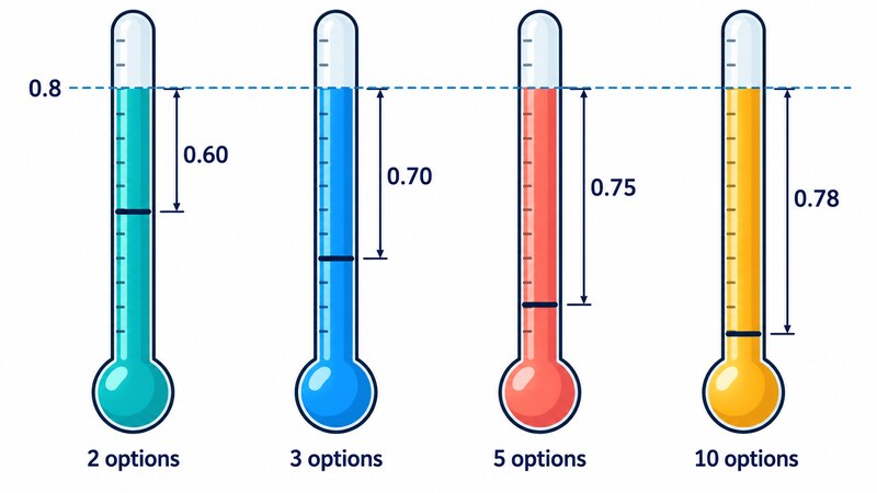 Four thermometers filled to the same level of 0.8, each with its own zero mark for a pure guess, reading confidence 0.60 for 2 options, 0.70 for 3 options, 0.75 for 5 options and 0.78 for 10 options