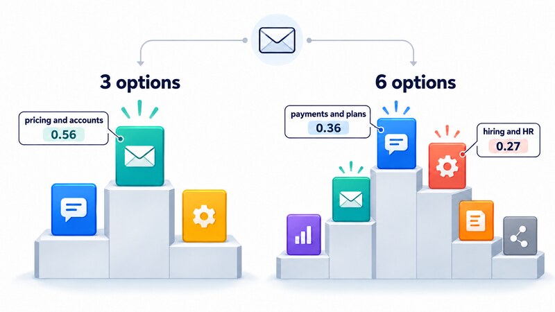 A '3 options' podium where 'pricing and accounts' leads at 0.56, and a '6 options' podium where 'payments and plans' takes first place at 0.36 with 'hiring and HR' second at 0.27, while 'pricing and accounts' has dropped back