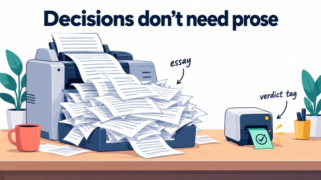 An illustration with the words 'Decisions don't need prose': one machine buries a desk in pages of essay while another quietly stamps a small verdict tag