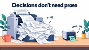 An illustration with the words 'Decisions don't need prose': one machine buries a desk in pages of essay while another quietly stamps a small verdict tag