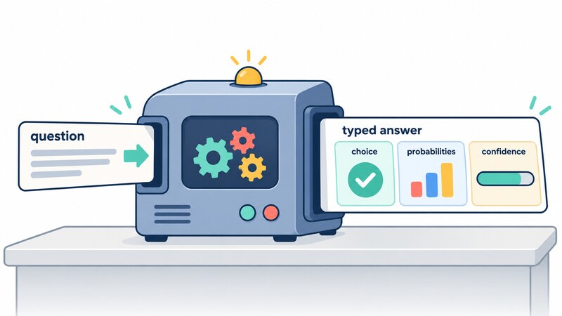 A question goes into Jev, which returns a typed answer made of a choice, its probabilities and a confidence
