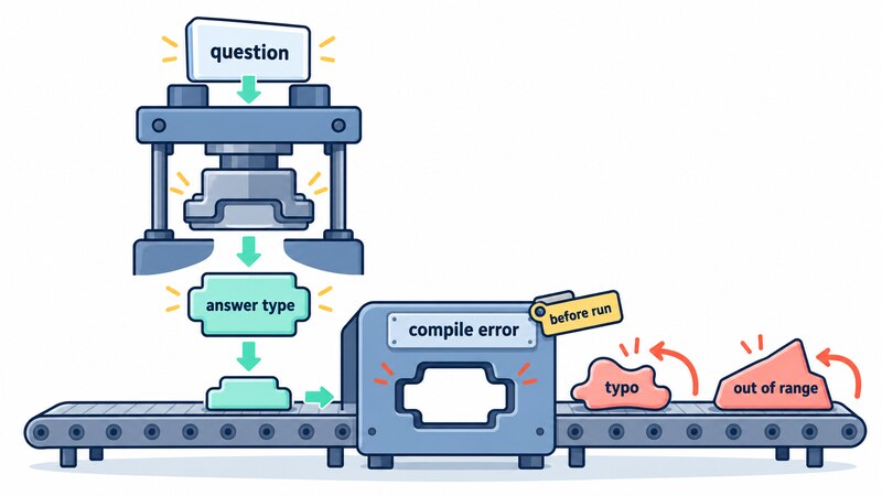 A question definition shapes the answer type; a 'typo' in a choice or an 'out of range' step is stopped as a 'compile error' 'before run', not after the code runs