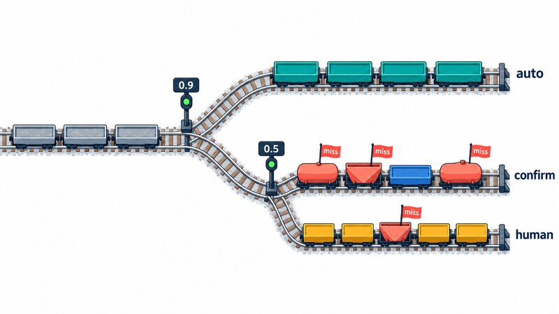 Cases are routed by confidence into three lanes: auto above 0.9, confirm from 0.5 to 0.9, human below 0.5, and in this run all four misses ended up in the confirm and human lanes