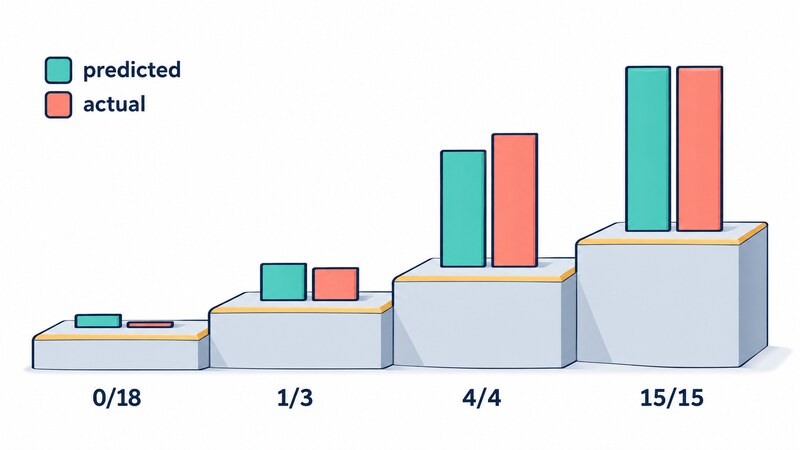 Four probability buckets, each pairing the predicted probability with the actual yes rate: 0/18, 1/3, 4/4 and 15/15, with the two ends roughly lining up