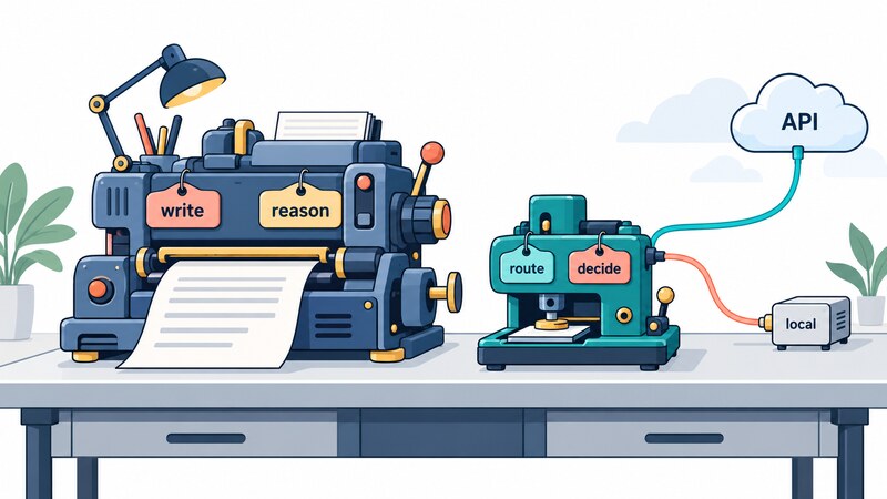 My outlook: tools labelled 'write' and 'reason' stay with LLMs, while tools labelled 'route' and 'decide' go to decision models, reached through an 'API' or run 'local'