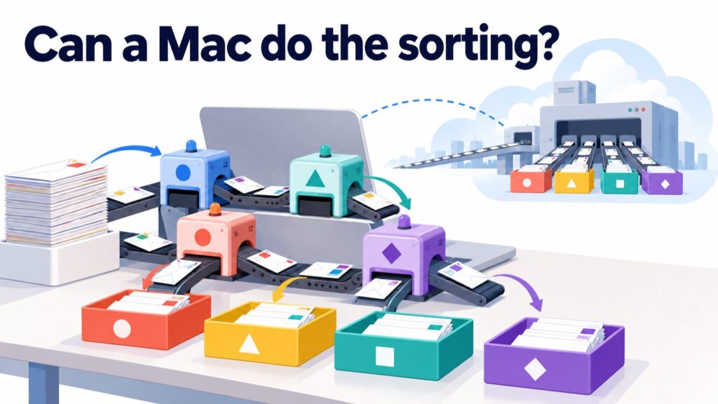 A mail-sorting desk where several small classifiers on a laptop sort envelopes under the words 'Can a Mac do the sorting?' while a cloud-hosted classifier sorts the same envelopes in the background