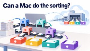 A mail-sorting desk where several small classifiers on a laptop sort envelopes under the words 'Can a Mac do the sorting?' while a cloud-hosted classifier sorts the same envelopes in the background