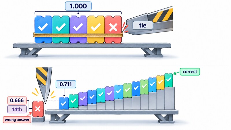 Among five requests tied at confidence 1.000, four 'correct' ones and the 'wrong answer' sit together so no line can split them off; in the comparison, 13 correct answers spread from 0.711 upward while the wrong answer is 14th at 0.666 and a line can cut it away