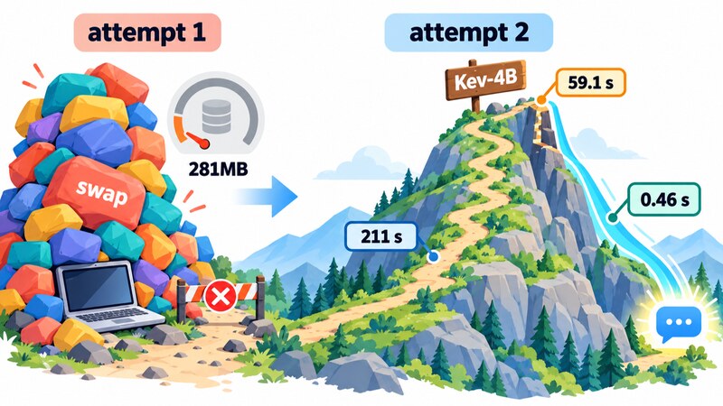 Loading Kev-4B on a 16GB Mac in time order: in attempt 1 the 'swap' balloons until free disk space falls to 281MB; in attempt 2, with a watchdog, it takes 211 s to start, 59.1 s for the first decision, and 0.46 s after that