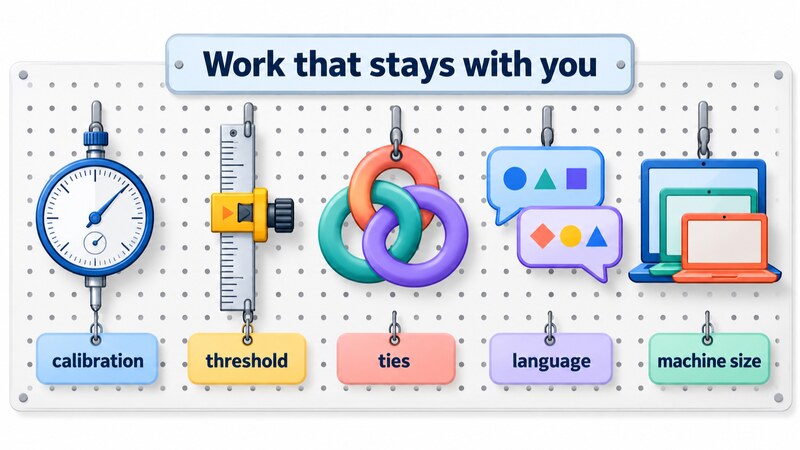 Work that remains for the user when running Jev-compatible models locally: calibration, threshold, ties, language and machine size, shown as five tools under the heading 'Work that stays with you'